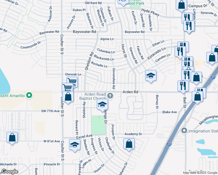 map of restaurants, bars, coffee shops, grocery stores, and more near 6913 Newlin Cir in Amarillo