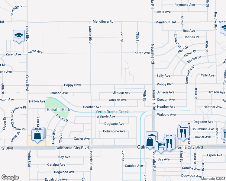 map of restaurants, bars, coffee shops, grocery stores, and more near 7655 Jimson Avenue in California City