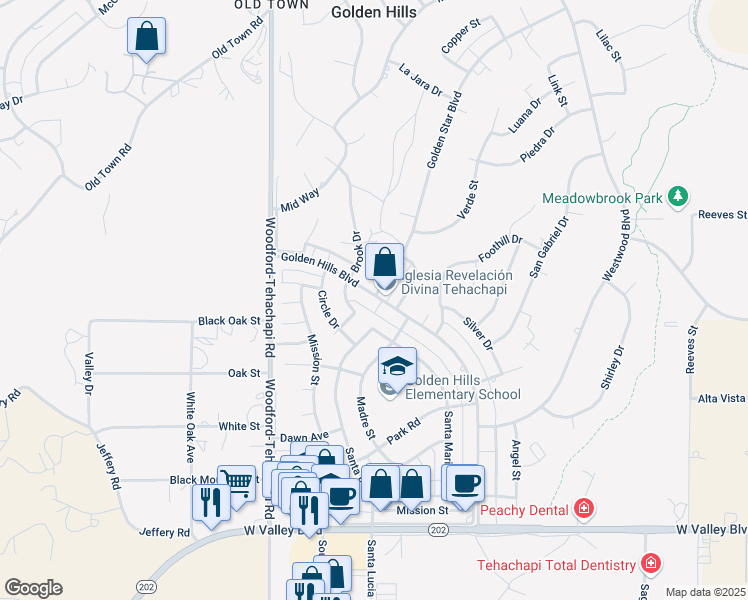 map of restaurants, bars, coffee shops, grocery stores, and more near 21541 Golden Hills Boulevard in Tehachapi