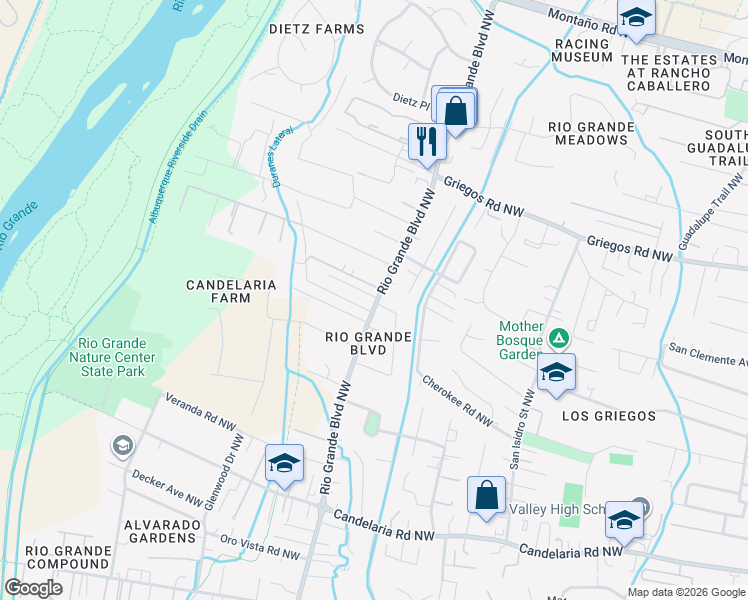 map of restaurants, bars, coffee shops, grocery stores, and more near 1908 Rio Grande Boulevard Northwest in Albuquerque