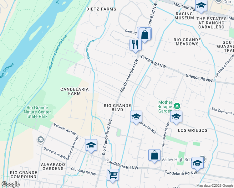 map of restaurants, bars, coffee shops, grocery stores, and more near 2316 Don Onofre Trail Northwest in Albuquerque