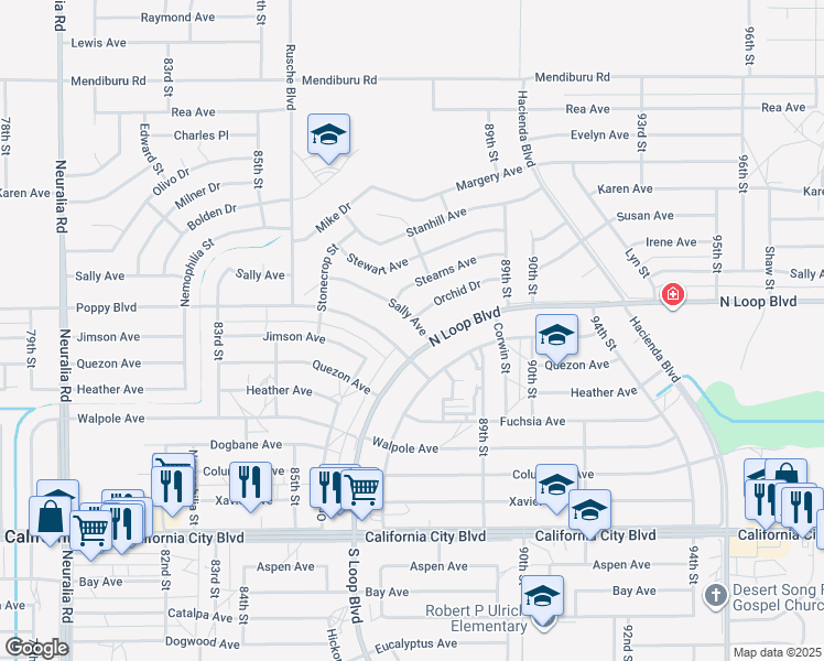map of restaurants, bars, coffee shops, grocery stores, and more near Sally Avenue in California City