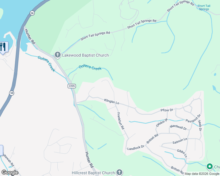 map of restaurants, bars, coffee shops, grocery stores, and more near 6559 Frankfurt Road in Ooltewah