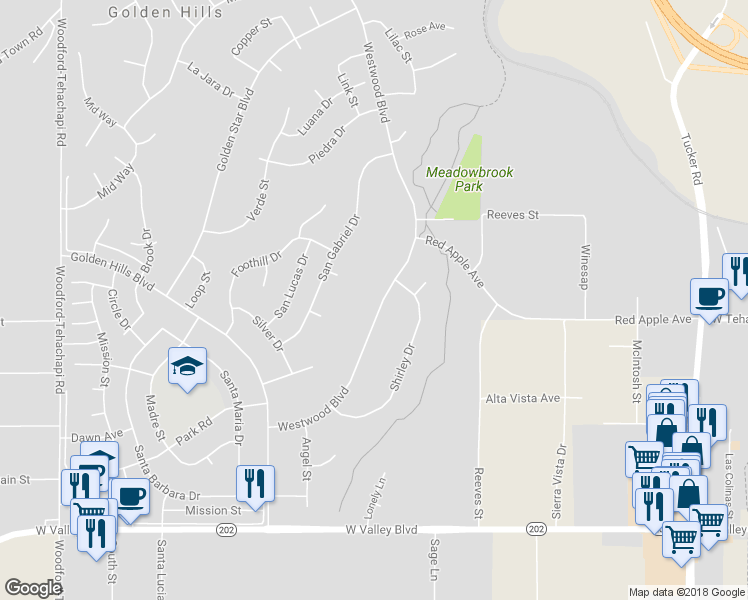 map of restaurants, bars, coffee shops, grocery stores, and more near 21541 Westwood Boulevard in Tehachapi