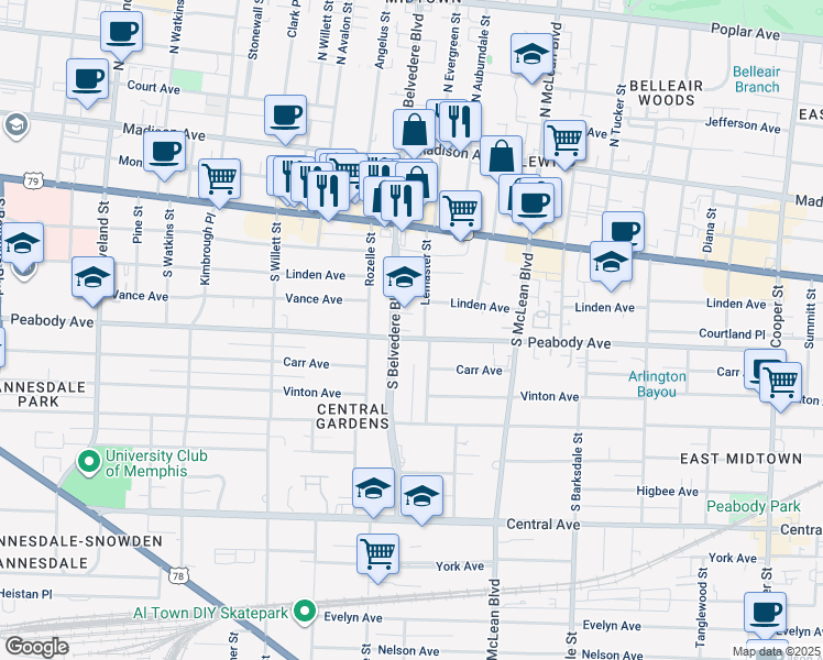 map of restaurants, bars, coffee shops, grocery stores, and more near in Memphis