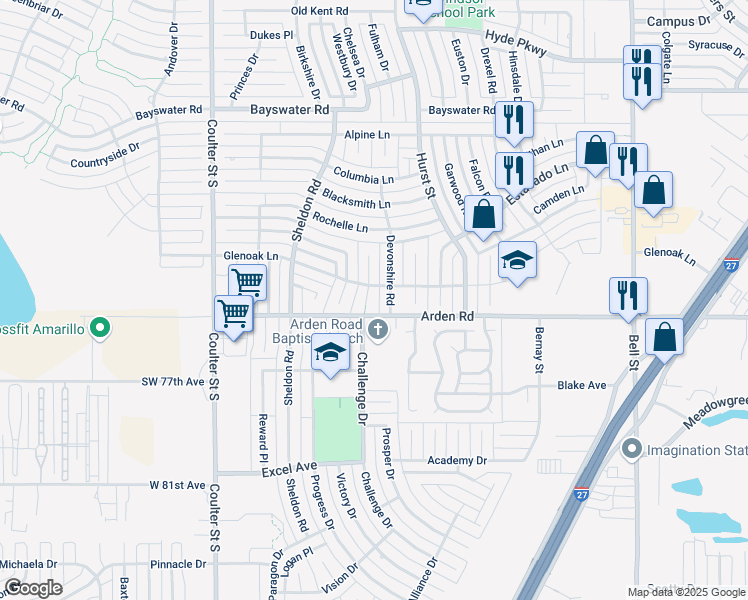 map of restaurants, bars, coffee shops, grocery stores, and more near 6913 Newlin Cir in Amarillo