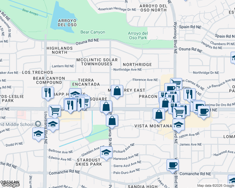 map of restaurants, bars, coffee shops, grocery stores, and more near 4713 Tennessee Place Northeast in Albuquerque