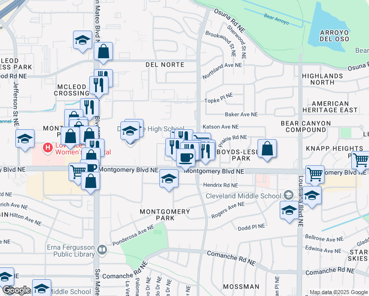 map of restaurants, bars, coffee shops, grocery stores, and more near 6024 Whisperwood Court Northeast in Albuquerque