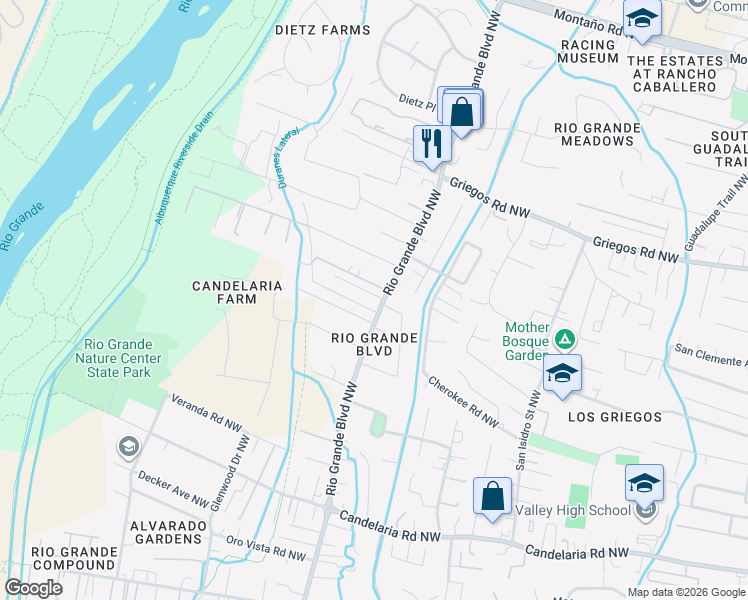 map of restaurants, bars, coffee shops, grocery stores, and more near 2316 Don Onofre Trail Northwest in Albuquerque