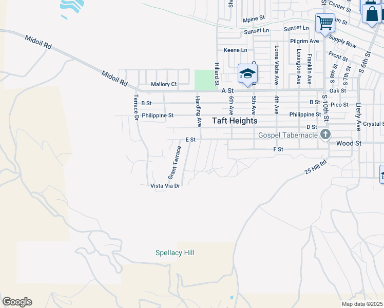map of restaurants, bars, coffee shops, grocery stores, and more near 504 Washington Avenue in Taft