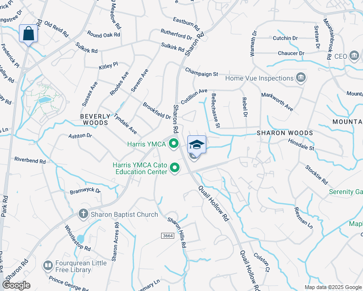 map of restaurants, bars, coffee shops, grocery stores, and more near 5913 Quail Hollow Road in Charlotte