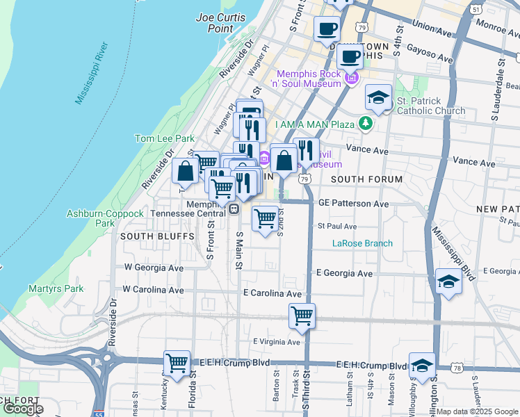 map of restaurants, bars, coffee shops, grocery stores, and more near 108 GE Patterson Avenue in Memphis
