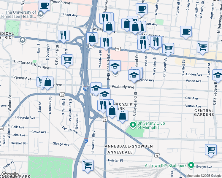 map of restaurants, bars, coffee shops, grocery stores, and more near in Memphis