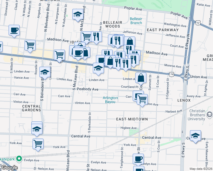 map of restaurants, bars, coffee shops, grocery stores, and more near 1983 Linden Avenue in Memphis