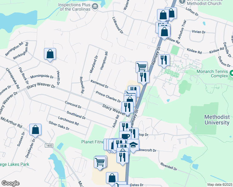 map of restaurants, bars, coffee shops, grocery stores, and more near 215 Kenwood Drive in Fayetteville