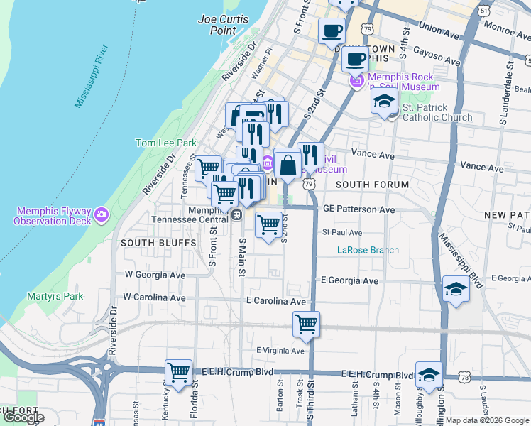 map of restaurants, bars, coffee shops, grocery stores, and more near 154 GE Patterson Avenue in Memphis