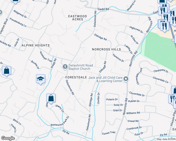 map of restaurants, bars, coffee shops, grocery stores, and more near 807 Forest Dale Lane in Chattanooga