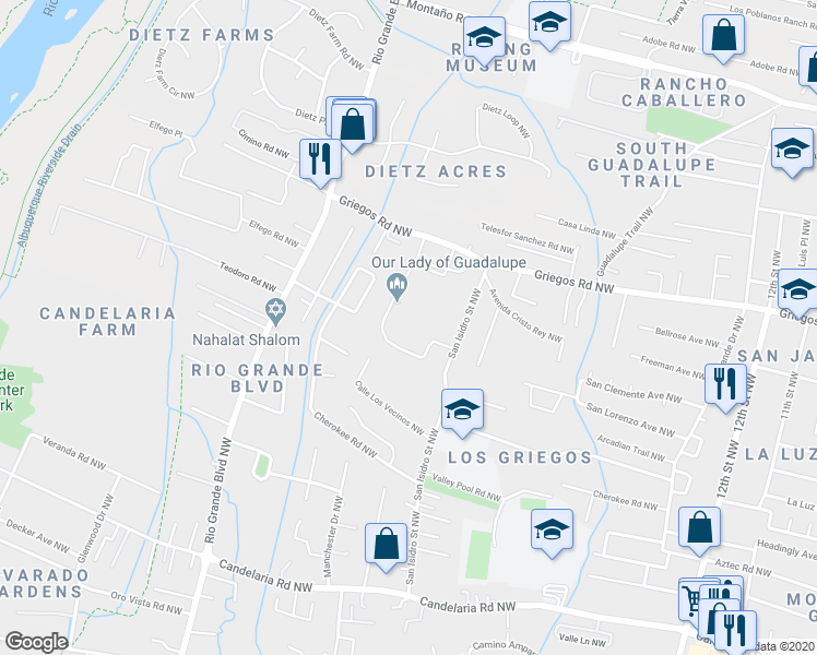 map of restaurants, bars, coffee shops, grocery stores, and more near 1860 Griegos Road Northwest in Albuquerque