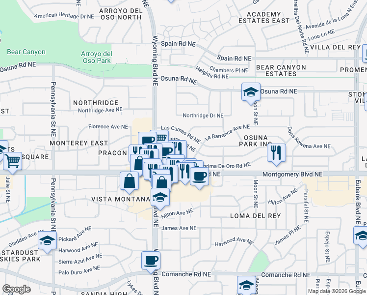 map of restaurants, bars, coffee shops, grocery stores, and more near 8604 Las Camas Road Northeast in Albuquerque