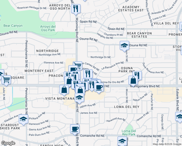 map of restaurants, bars, coffee shops, grocery stores, and more near 8604 Las Camas Road Northeast in Albuquerque