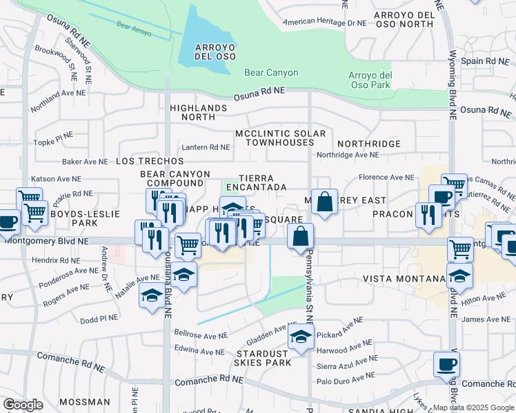 map of restaurants, bars, coffee shops, grocery stores, and more near in Albuquerque