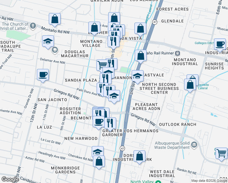 map of restaurants, bars, coffee shops, grocery stores, and more near 5014 4th Street Northwest in Albuquerque