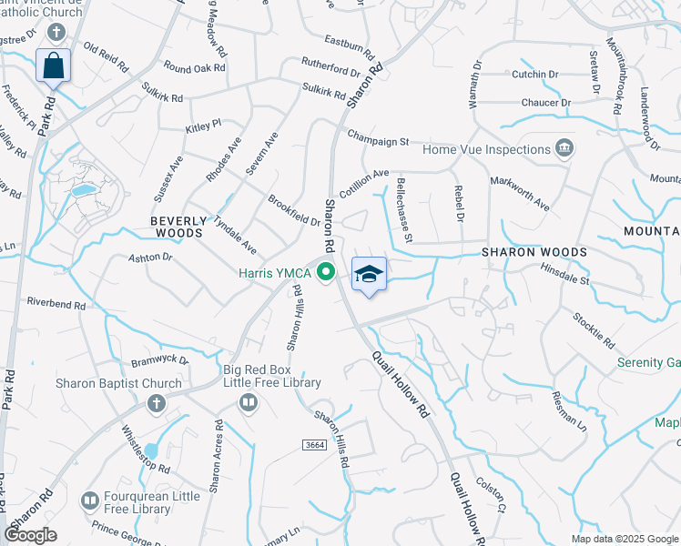 map of restaurants, bars, coffee shops, grocery stores, and more near 5913 Quail Hollow Road in Charlotte