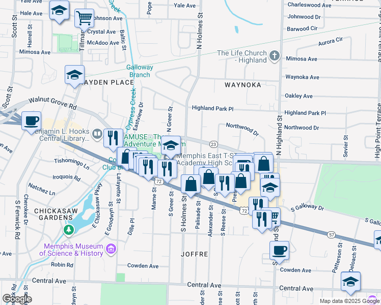 map of restaurants, bars, coffee shops, grocery stores, and more near 43 North Century Street in Memphis