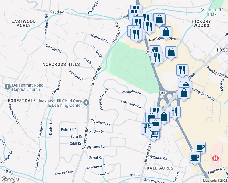 map of restaurants, bars, coffee shops, grocery stores, and more near 1328 Clearpoint Drive in Chattanooga