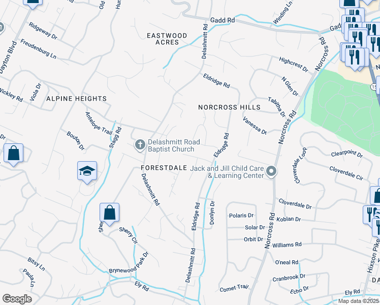 map of restaurants, bars, coffee shops, grocery stores, and more near 807 Forest Dale Lane in Chattanooga