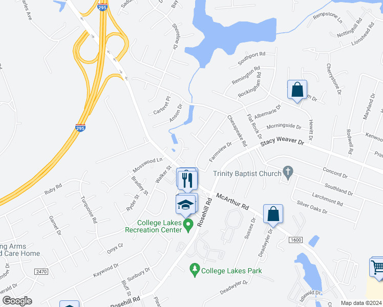 map of restaurants, bars, coffee shops, grocery stores, and more near 5601 Woodlake Court in Fayetteville
