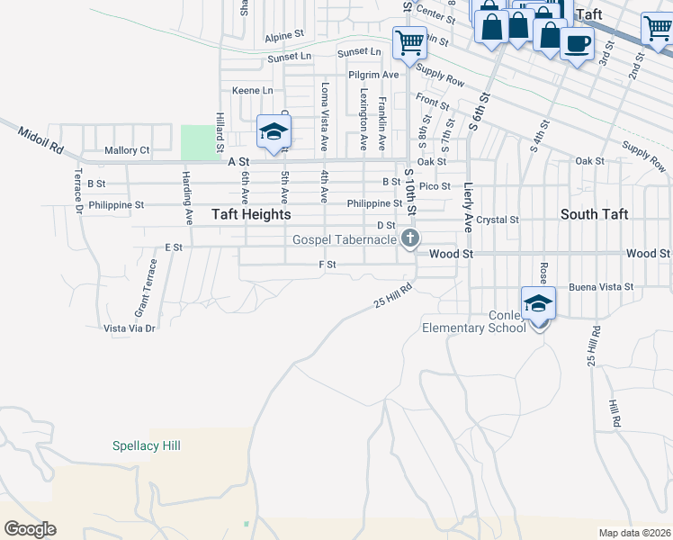 map of restaurants, bars, coffee shops, grocery stores, and more near 340 F Street in Taft