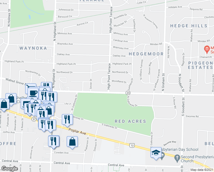 map of restaurants, bars, coffee shops, grocery stores, and more near 3737 Woodland Drive in Memphis