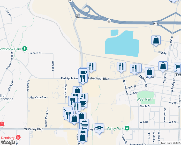 map of restaurants, bars, coffee shops, grocery stores, and more near 1001 West Tehachapi Boulevard in Tehachapi