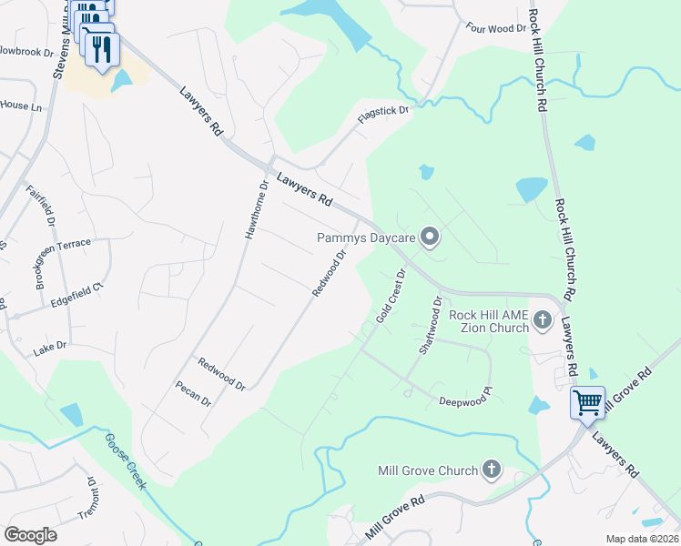 map of restaurants, bars, coffee shops, grocery stores, and more near 2113 Redwood Drive in Indian Trail