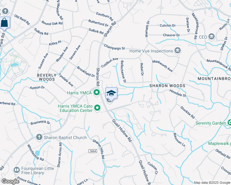 map of restaurants, bars, coffee shops, grocery stores, and more near 5927 Quail Hollow Road in Charlotte