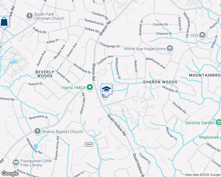 map of restaurants, bars, coffee shops, grocery stores, and more near 5927 Quail Hollow Road in Charlotte