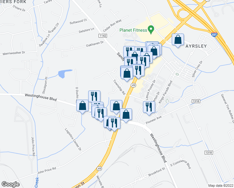 map of restaurants, bars, coffee shops, grocery stores, and more near 2225 Township Road in Charlotte