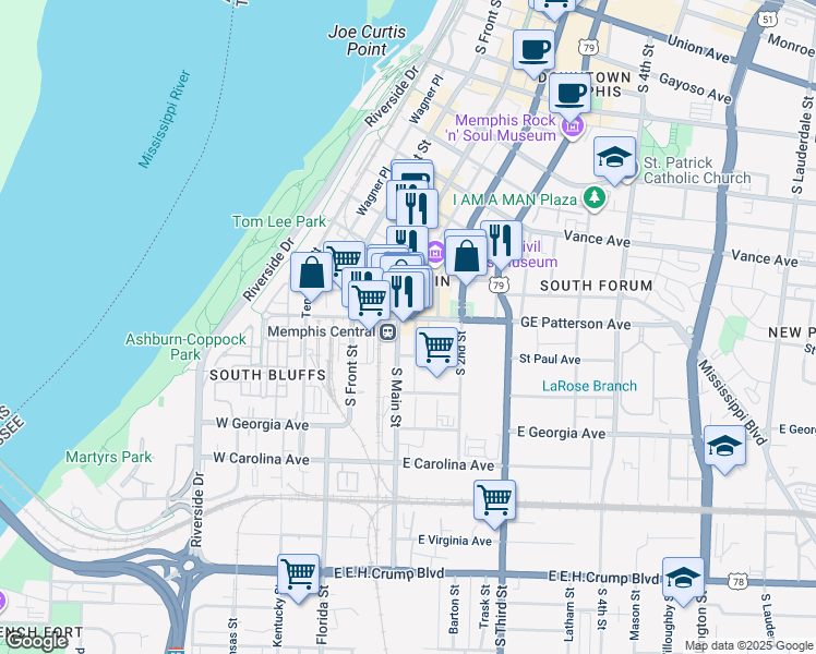 map of restaurants, bars, coffee shops, grocery stores, and more near 108 GE Patterson Avenue in Memphis