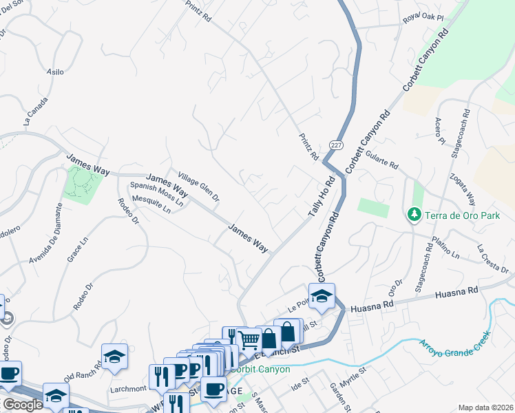 map of restaurants, bars, coffee shops, grocery stores, and more near 248 Canyon Way in Arroyo Grande