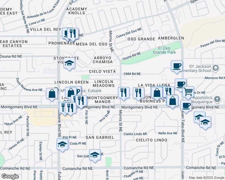 map of restaurants, bars, coffee shops, grocery stores, and more near 4401 Morris Street Northeast in Albuquerque