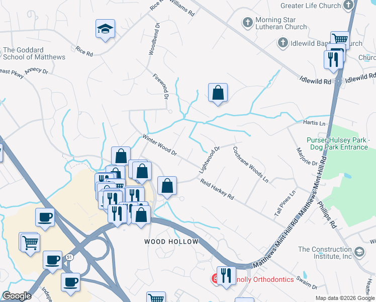map of restaurants, bars, coffee shops, grocery stores, and more near 1225 Blossom Wood Court in Matthews