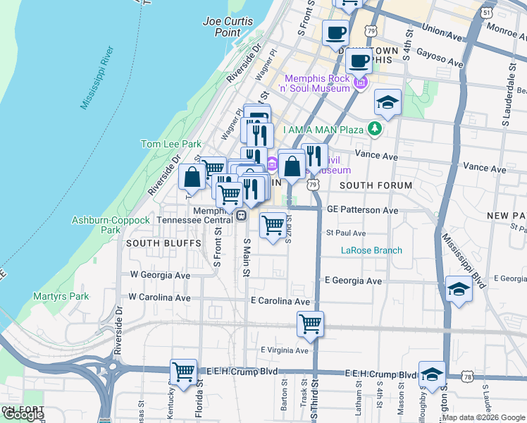map of restaurants, bars, coffee shops, grocery stores, and more near 125 East Ge Patterson Avenue in Memphis