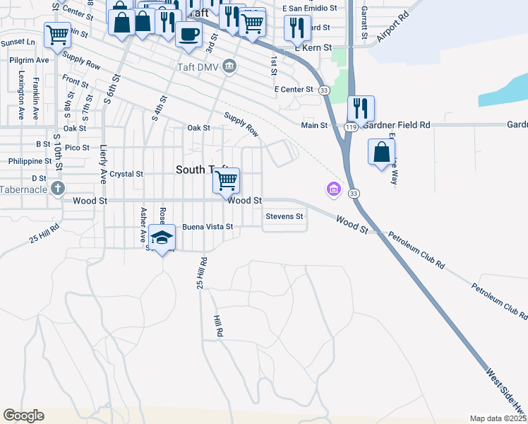 map of restaurants, bars, coffee shops, grocery stores, and more near 1001 Wood Street in Taft