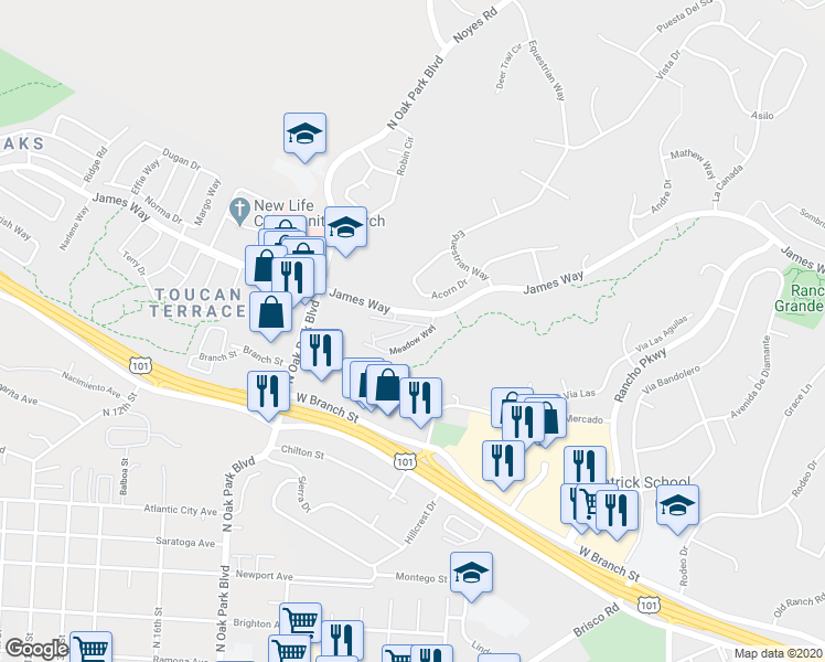 map of restaurants, bars, coffee shops, grocery stores, and more near 1143 Clevenger Drive in Arroyo Grande