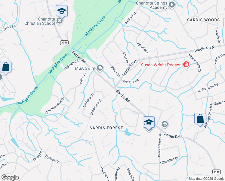 map of restaurants, bars, coffee shops, grocery stores, and more near 112 Sardis Road in Charlotte