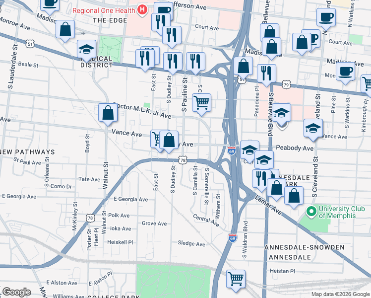 map of restaurants, bars, coffee shops, grocery stores, and more near 360 South Pauline Street in Memphis