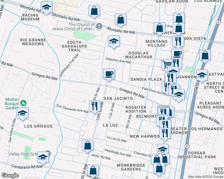 map of restaurants, bars, coffee shops, grocery stores, and more near 1150 Griegos Road Northwest in Albuquerque