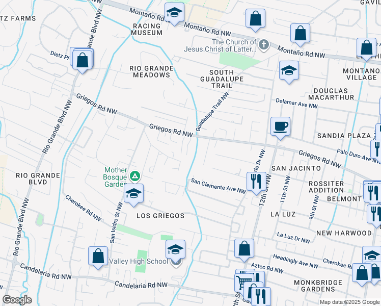 map of restaurants, bars, coffee shops, grocery stores, and more near 4604 Compound North Court Northwest in Albuquerque