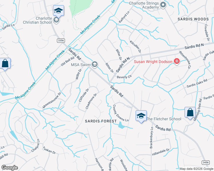 map of restaurants, bars, coffee shops, grocery stores, and more near 112 Sardis Road in Charlotte